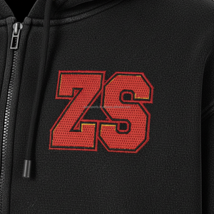 Luxury 380 GSM fleece <b>zipper</b> <b>hoodie</b> <b>black</b> soft inner lining stone textured pocket panels chenille patch logo basics hoodies - Product Image 6