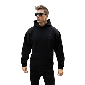 <b>Mens</b> Jet Black Oversized <b>Hoodie</b> Pullover 50% Cotton 50% Polyester Drop Shoulder Streetwear Relaxed Fit Winter Sweatshirt - Product Image 1