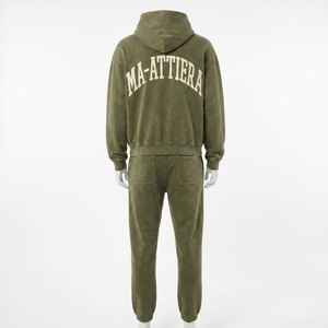 Ensemble jogging et sweat à capuche personnalisé pour homme, vert olive délavé, en molleton de coton, style streetwear, OEM ODM, vente en gros - Product Image 4