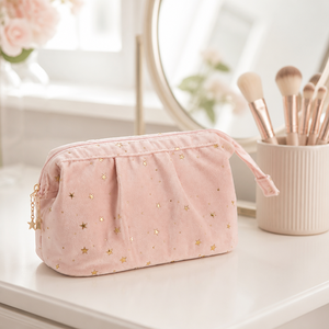 Bolsa de Cosméticos Rosa de Terciopelo con Diseño de Estrella, Bolsa de Aseo Grande para Viaje con Doble Cierre y Asas - Product Image 2