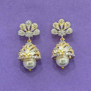 Handmade 2-Tone Rhodium Plating CZ <b>Pearl</b> Jhumki Export Quality Fashion <b>Dangle</b> <b>Earrings</b> to Buy - Product Image 2