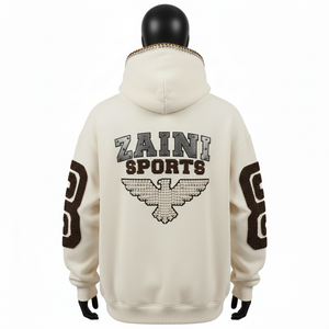 Sweat à capuche pour homme en coton brossé de qualité supérieure, mélange de polaire, ton crème, broderie chenille, logo clouté, sweat-shirts basiques pour homme - Product Image 2