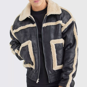 New Design Causal Wear Leather <b>Sherpa</b> Winter <b>Jacket</b> Windproof Real Leather Biker Style <b>Jackets</b> - Product Image 3