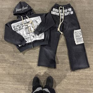 Ensemble de survêtement de lavage à l'acide imprimé lourd broderie en détresse 100% coton sweat-shirt sunfaded pantalons de survêtement à capuche pour l'hiver - Product Image 4