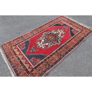 Vintage Turkish Patchwork Rug 4x7.3 ft (122x223 Cm) <b>Red</b> <b>Wool</b> Eco-Friendly Latex Backed - Product Image 1