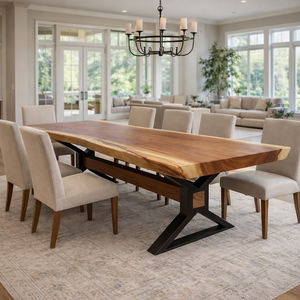 Table à manger pliable moderne en bois de plumeria à bord vif avec pieds en fer en forme de X, construction robuste pour la maison, l'hôtel, le restaurant - Product Image 5