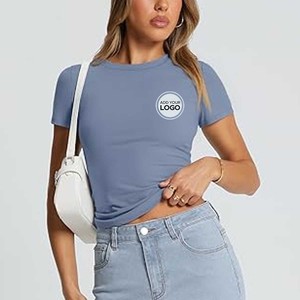 T-shirts ajustés sans couture pour femmes, t-shirts basiques côtelés à manches courtes, col rond - Product Image 3