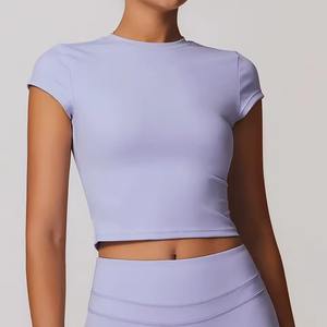 Crop top, haut de yoga, t-shirt, haut de fitness, haut de sport à manches courtes, débardeur en maille, haut de yoga à col rond - Product Image 5