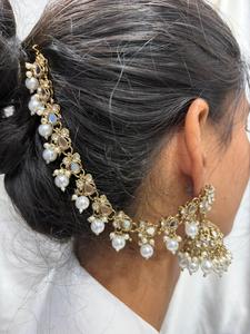 Bridal Kundan Jhumka <b>Earrings</b> with Pearl Chain & Matching Maang Tikka Gold Plated Traditional Jewellery Set - Product Image 2