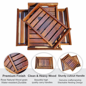 Plateaux en bois élégants pour le service des aliments et du petit déjeuner de tailles moyennes et petites fabriqués avec une finition marron en bois naturel d'Inde - Product Image 4