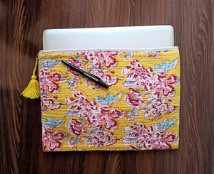 Indian Hand Block Print Quilted Sling <b>Laptop</b> <b>Sleeve</b> Durable Yellow Floral Cotton Modern Business Style Waterproof Office - Product Image 2