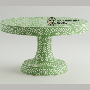 Support à gâteau de luxe en incrustation d'os vert fabriqué à la main assiette à dessert en piédestal de feuilles florales - Product Image 1
