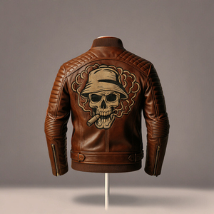 Chaqueta de motorista de cuero tostado con bordado de calavera y humo, ropa de calle para hombre, chaquetas personalizadas de moda directamente de fábrica 2025 - Product Image 2
