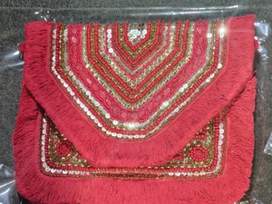 <b>Red</b> Satin Beaded Envelope Clutch <b>Sequins</b> Fringe Handmade Cross-Body Strap for Wedding Evening Parties-Eco-Friendly Lightweight - Product Image 1
