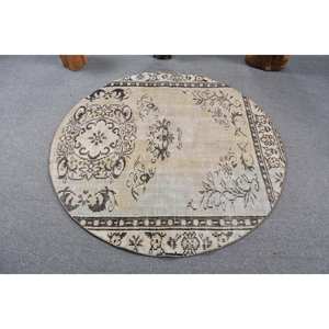 <b>Vintage</b> Turkish <b>Rug</b> 4.9x4.9ft Beige Brown Flat Weave Wool Patchwork Pattern for Living Room Decor or Hallway Latex Backing - Product Image 3