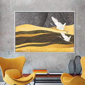 Toile d'art imprimée avec deux cigognes en vol, décor moderne à motifs jaunes, 1P : encadré blanc - Product Image 1