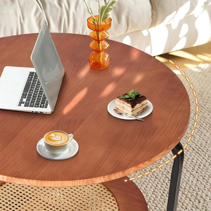 Table basse ronde en bois avec cadre en métal, table centrale à 2 niveaux en bois massif avec rangement ouvert pour le salon - Product Image 5