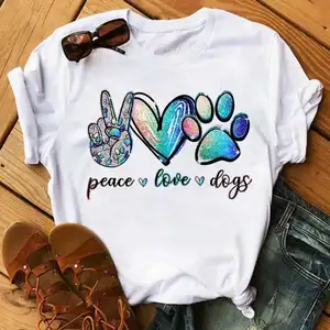 फैशन महिलाओं कुत्तों पंजे प्रिंट टी शर्ट शांति प्यार कुत्तों प्रिंट टी शर्ट