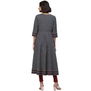 Conjuntos Elegantes para Mujer, Kurta Anarkali de Algodón con Estampado Floral en Azul, 48 Pulgadas - Product Image 3