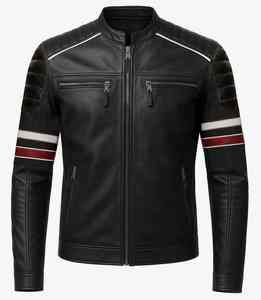 Chaqueta de Motociclista Estilo Moto Ajustada para Hombre en Cuero Vacuno Negro con Mangas a Rayas - Product Image 2