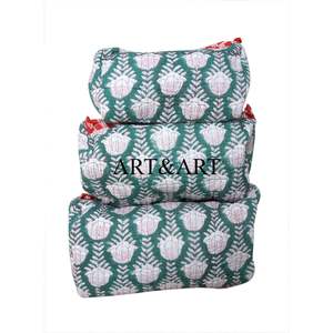 Wholesale 100% Cotton <b>Zipper</b> Pouch 3-Piece Quilted Large Capacity Eco-Friendly Women's Makeup Pouch for <b>Bag</b> - Product Image 5