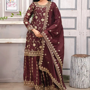 New Designer Heavy Pure Chinon Silk Long Pakistani Suit Fancy Style <b>Top</b> Sharara and Dupptta - Product Image 1
