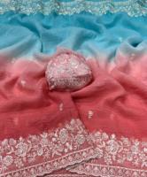 Nouveau saree d'écrasement en mousseline de soie à double teinte avec broderie butti brodé travail de bordure