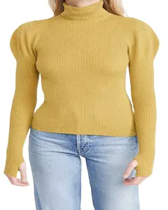 2020 pakaian rajut musim dingin katun desain baru OEM untuk wanita sweater rajutan Turtleneck Lengan gembung leher kura-kura