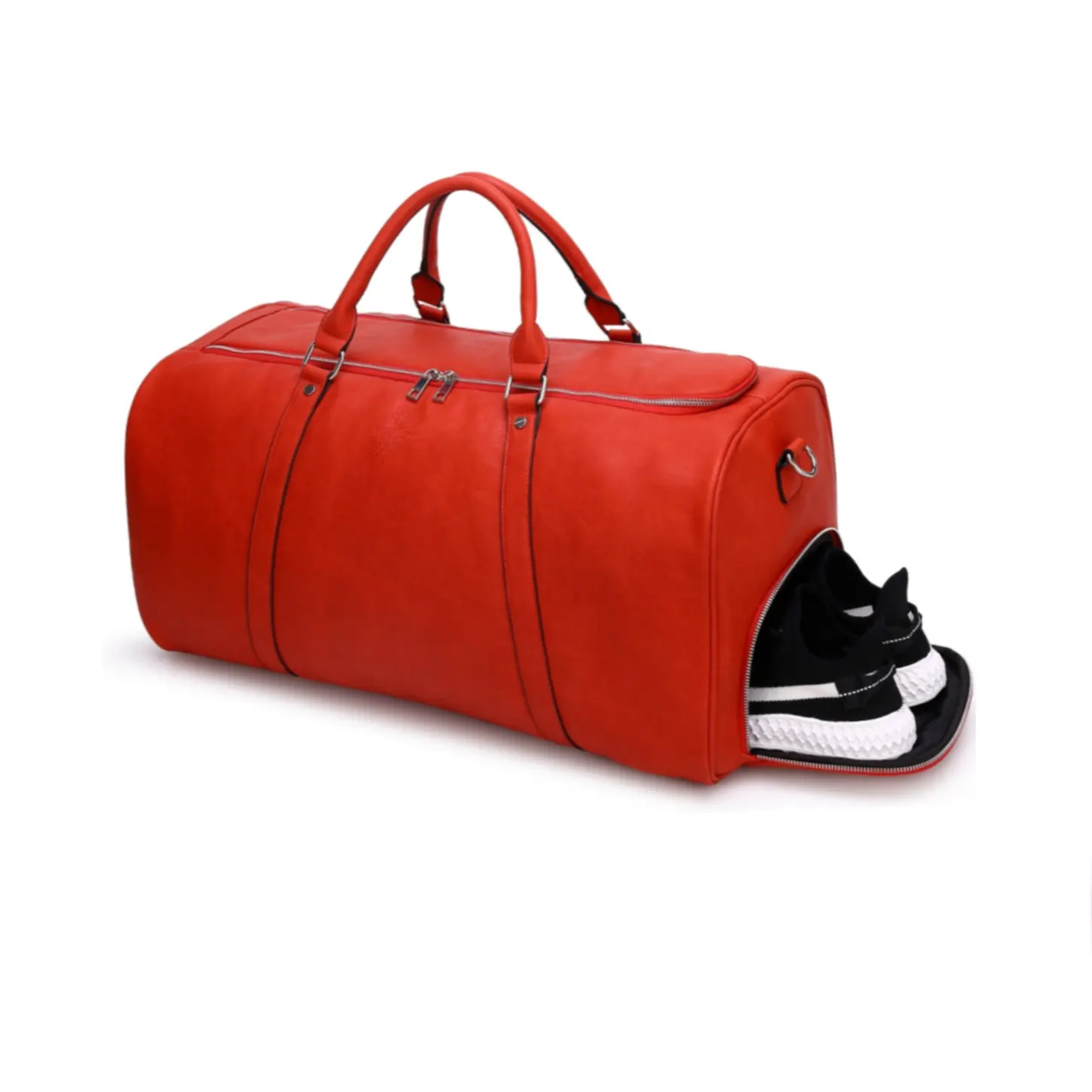 กระเป๋า Duffle หนัง PU สีแดงสำหรับท่องเที่ยว/ยิมข้ามคืนสำหรับผู้ชายและผู้หญิง