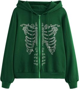 Sudaderas con capucha de mujer con pedrería esqueleto estampado estilo callejero informal mezclado algodón tejido con hombros caídos - Product Image 2