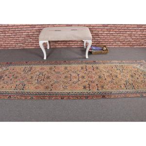 Turkish Vintage Runner Rug 2.8x9.2 ft, <b>Brown</b> Blue Plants & trees <b>Wool</b> Rug - Product Image 3