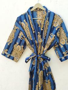 KAC Kimono imprimé tigre floral 100% coton Robe indienne haute qualité doux confortable vêtements de nuit de plage avec décoration de bouton - Product Image 4