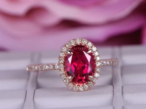 Anillo de oro macizo de rubí cultivado en laboratorio de 6x8mm, estilo Art Deco, anillo apilable de Halo, tono de Metal personalizable/pureza - Product Image 2