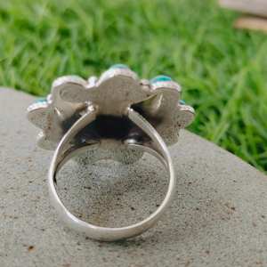 Forme de fleur Turquoise Gemstone Boho Bague en argent sterling 925-Bague Turquoise artificielle-Bague Bohème-Bague Turquoise-Bagues - Product Image 3