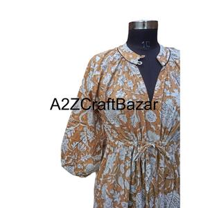 เดรสผ้าฝ้ายแท้ 100% ลายดอกไม้ คอวี แขนยาว 3/4 ทรงหลวม สไตล์ลำลอง สำหรับฤดูร้อน ความยาวปานกลาง งานแฮนด์เมดด้านหน้า รุ่น Himanshi ทันสมัย - Product Image 4