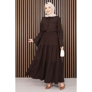 Ensemble deux pièces marron foncé avec chemise et jupe à bordure en dentelle, tissu côtelé, style automne, tailles XS-XL - Product Image 1