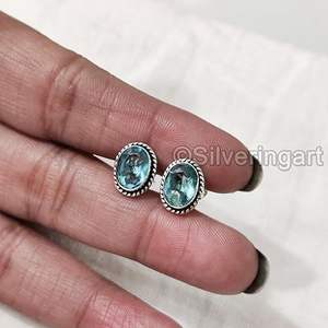 Pendientes de Botón para Mujer, Topacio Azul Natural, Regalo de Navidad o San Valentín, Joyería Hecha a Mano, Plata de Ley 925 - Product Image 3