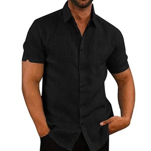 Chemises en coton et lin d'été pour hommes Chemises décontractées à manches courtes Blouses Solides Col rabattu Chemises de plage formelles Vêtements pour hommes - Product Image 5