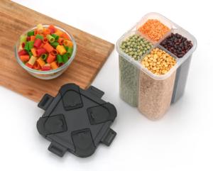 Boîte de rangement pour aliments, épices, collations, fruits secs, céréales, organisateur de cuisine, ensemble de boîtes en plastique durable à 4 compartiments, 2000 ml, hermétique - Product Image 1