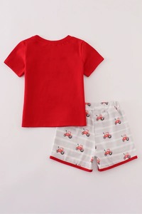 Ensemble de vêtements pour garçons à broderie de tracteur rouge tenue d'été confortable avec haut à motif solide et short assorti vêtements pour enfants - Product Image 2