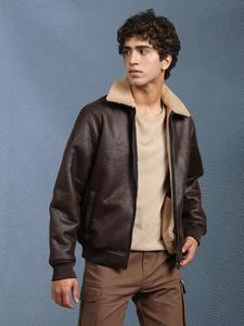 Veste bomber à capuche en cuir véritable marron pour homme, style vintage, vêtement d'extérieur décontracté, doublure en polaire zippée, chaud pour l'hiver - Product Image 4