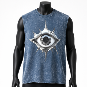 Camiseta sin mangas personalizada para hombre con estampado gráfico de ojo gótico vintage, estilo streetwear, con lavado ácido, tipo muscle fit, oversize, de algodón para verano - Product Image 1