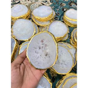 Sous-verres en pierre d'agate blanche naturelle Sous-verres de boisson en cristal de luxe avec bord doré pour la maison, le bar et la décoration de cadeaux - Product Image 5