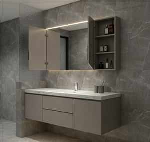 Mueble de <span class=keywords><strong>Baño</strong></span> Personalizado de Color Gris Claro, Montado en la Pared, <span class=keywords><strong>con</strong></span> Lavabo Individual, Encimera de Mármol, Espejo LED, Estantes Abiertos <span class=keywords><strong>y</strong></span> Cajones de Almacenamiento - Product Image 1