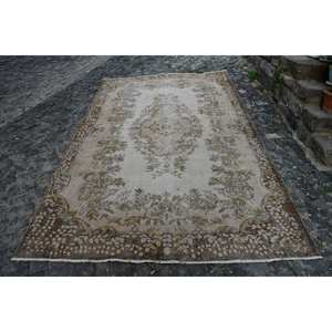 พรมขนสัตว์สีเบจสีน้ำตาลโบราณขนาด5.8X9.5ฟุตสไตล์ตุรกีงานเย็บปะแฮนด์เมดดีไซน์สำหรับทางเดินข้างเตียงยางพาราทรงสี่เหลี่ยมผืนผ้า - Product Image 1