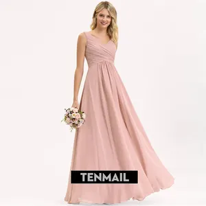 Fiesta Vestidos Rosa Roze Trouwfeest Jurken Cocktail Bruid Dienstmeisjes V Hals Maxi Chiffon Lange Elegante Bruidsmeisje Avondjurk