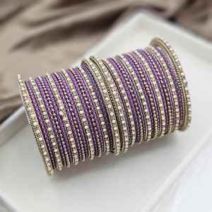 Traditional Stylish Velvet Covered Kundan Rhinestone Bangles Set Trendy Classic Bridal Bangles for Girls' Wedding Occasions - Product Image 6