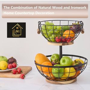 Two-Tier Metal Wire Fruit <b>Basket</b> with Wooden Base - Product Image 4