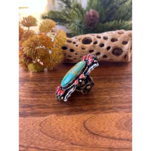 King Manassa Turquoise & Mediterranean Coral <b>Sterling</b> <b>Silver</b> <b>Ring</b> Size 6.75 Boho Bezel <b>Set</b> - Product Image 4