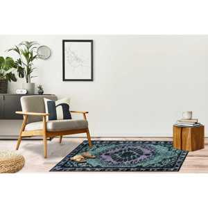 Tapis imprimé à motif médaillon vert, design ethnique persan turc, avec poils doux - Product Image 1